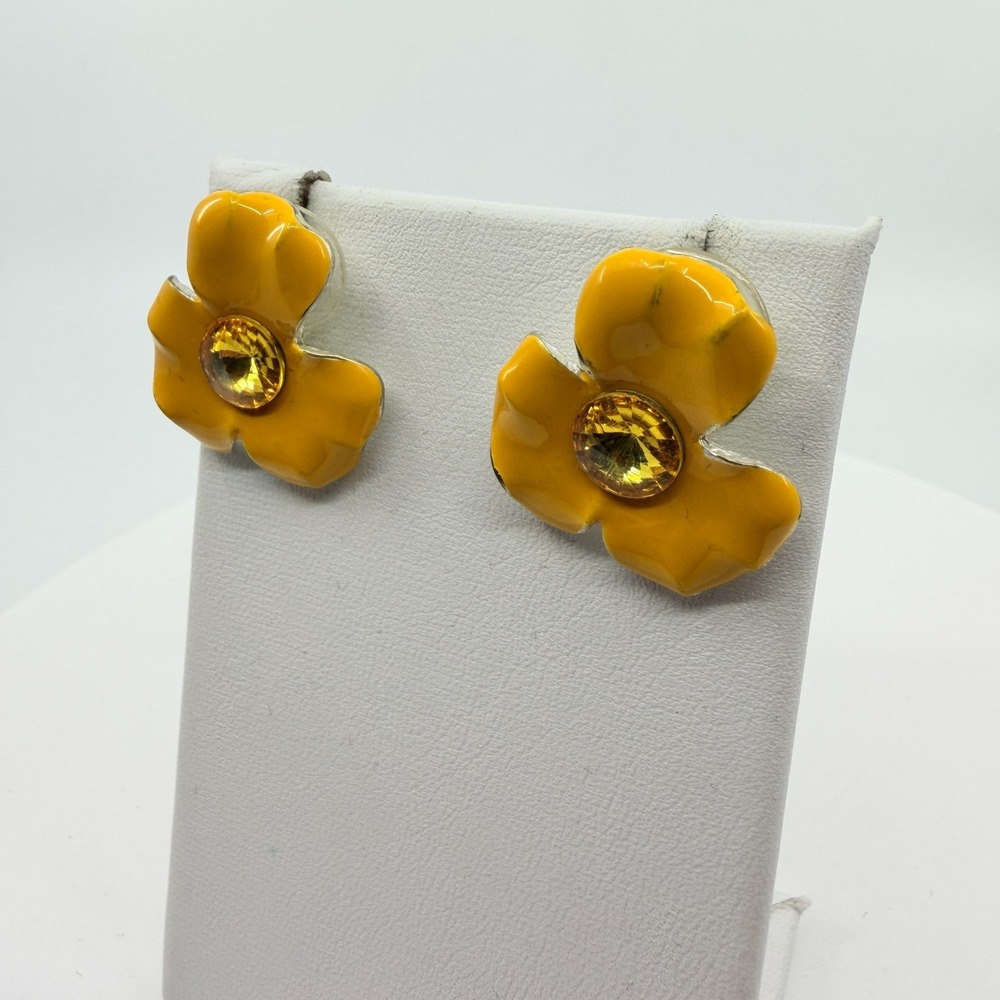 VTG Yellow Enamel Flower Stud Earrings - Boho Cottagecore Festival Gift - Picture 5 of 11